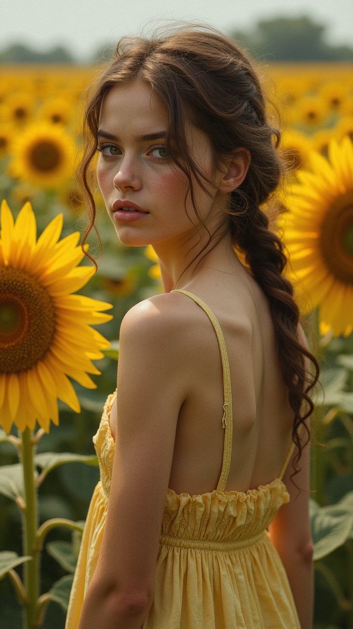 A young woman in a flowing yellow dress stands among a vibrant sunflower field. Her long hair is tied in a loose braid, and she gazes softly over her shoulder, creating a tranquil and dreamy ambiance. The sunflowers around her enhance the scene with their bright yellow petals, adding a cheerful and harmonious touch to the setting.