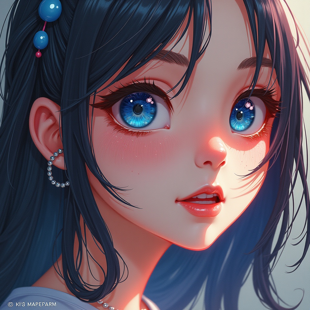 Anime-style illustration of a girl with striking blue eyes and dark hair. She wears earrings and has a gentle expression. Soft lighting emphasizes her features. Focus on vibrant colors and an engaging gaze.