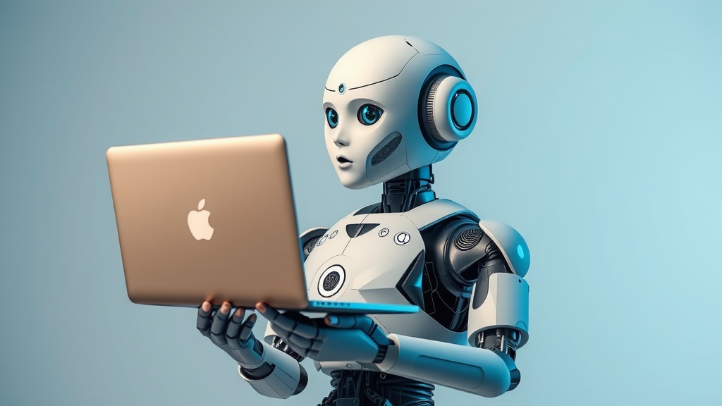 A humanoid robot intently examining a laptop, displaying a blend of technology and exploration.