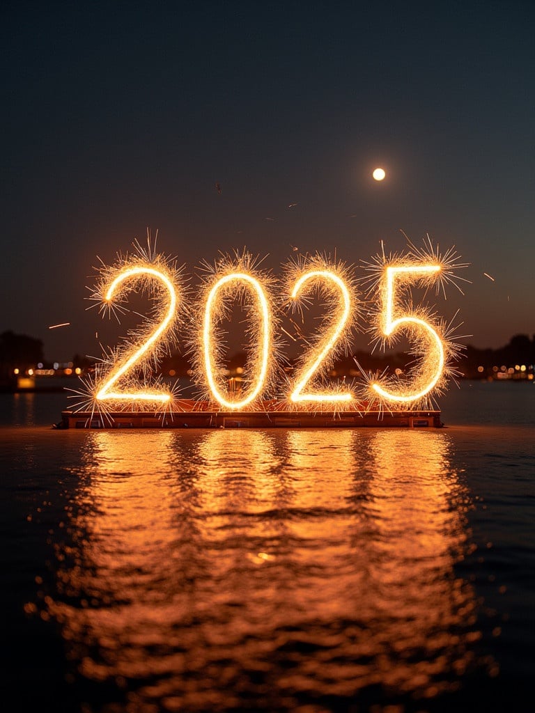 Display of the year 2025 written in bright sparklers reflecting in water. Night sky in the background with a full moon