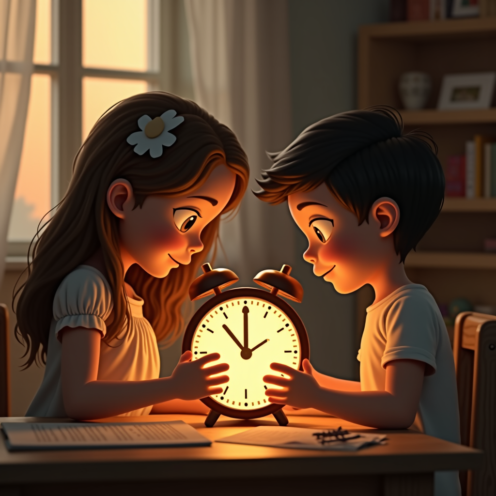 A girl and boy gaze at an illuminated alarm clock, basking in its warm glow in a cozy room.