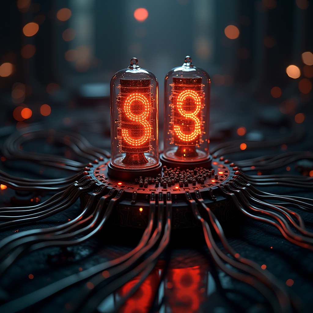 A futuristic device with glowing red numbers displayed in glass tubes, surrounded by intricate circuitry.