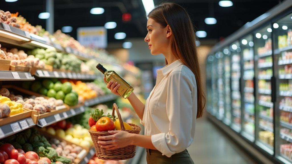 A person is shopping for fresh produce in a grocery store, holding a basket filled with vegetables and examining a bottle.