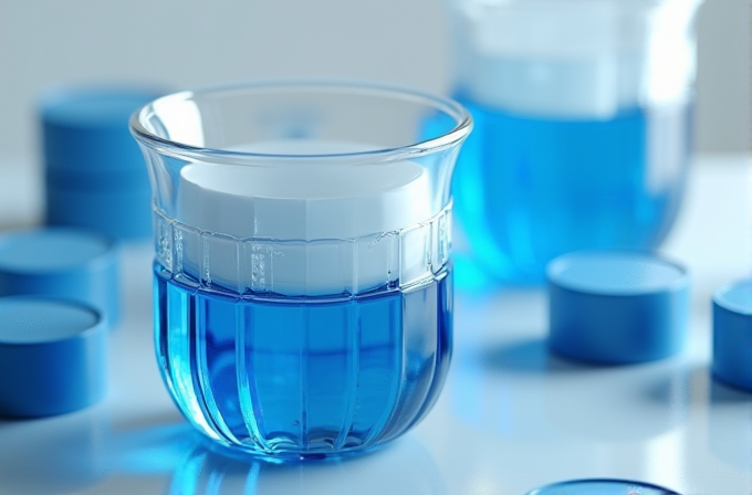 A small, transparent glass cup filled with blue liquid and a white cream jar inside, surrounded by scattered blue lids.