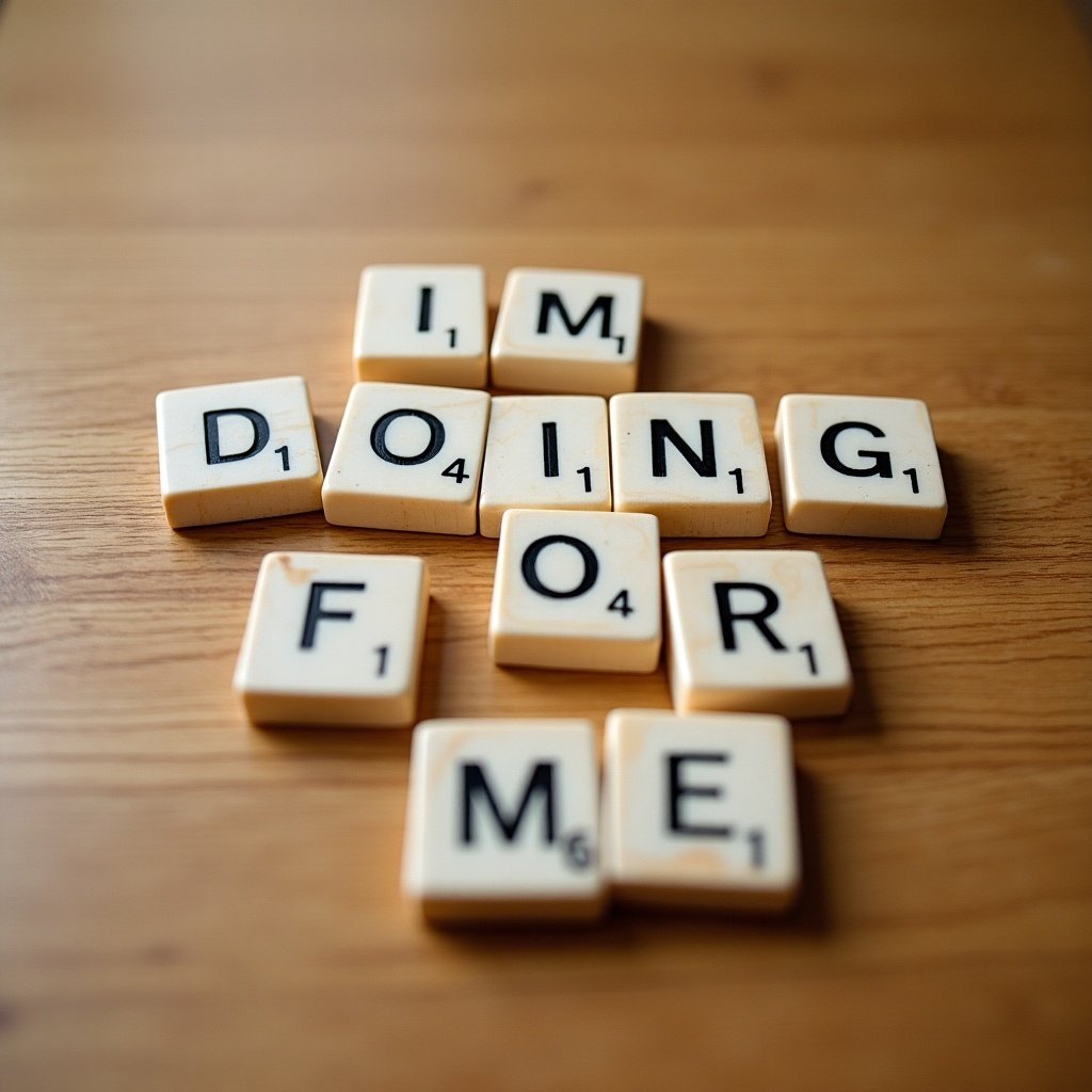 Scrabble tiles arranged on a wooden surface spell out a personal statement.