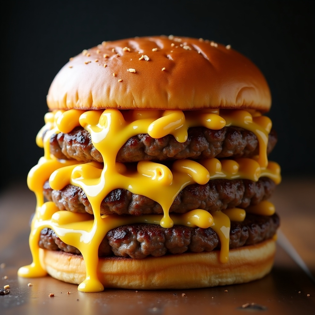 Triple cheese burger stacks high with juicy beef patties. Cheese oozes down the sides. Freshly baked sesame seed bun. Ultra realistic look for food enthusiasts.