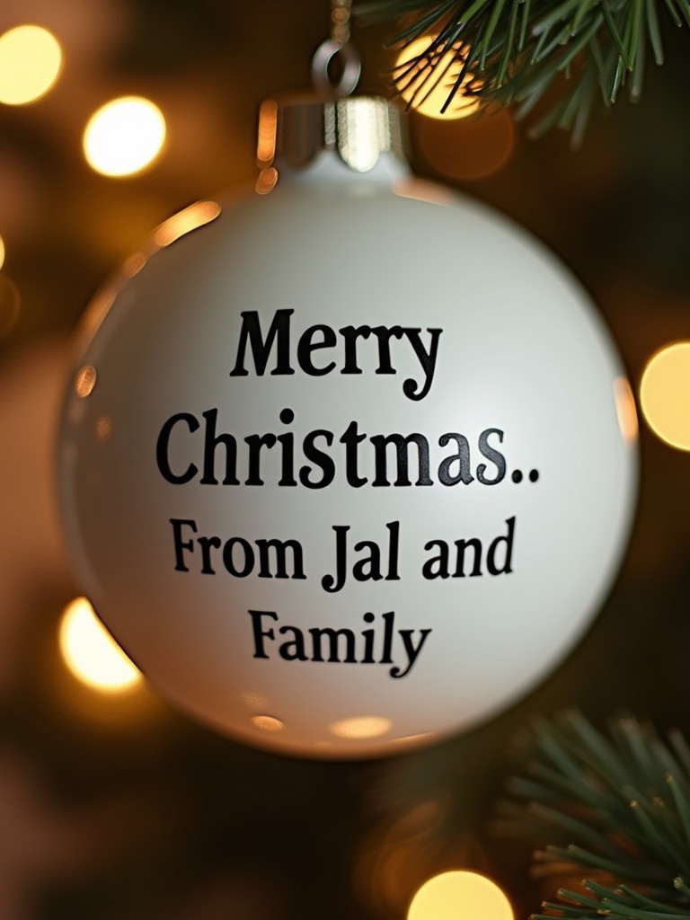 Close-up of a white Christmas bauble with text 'Merry Christmas...From Jal and Family'. Twinkling lights in background create magical ambiance.