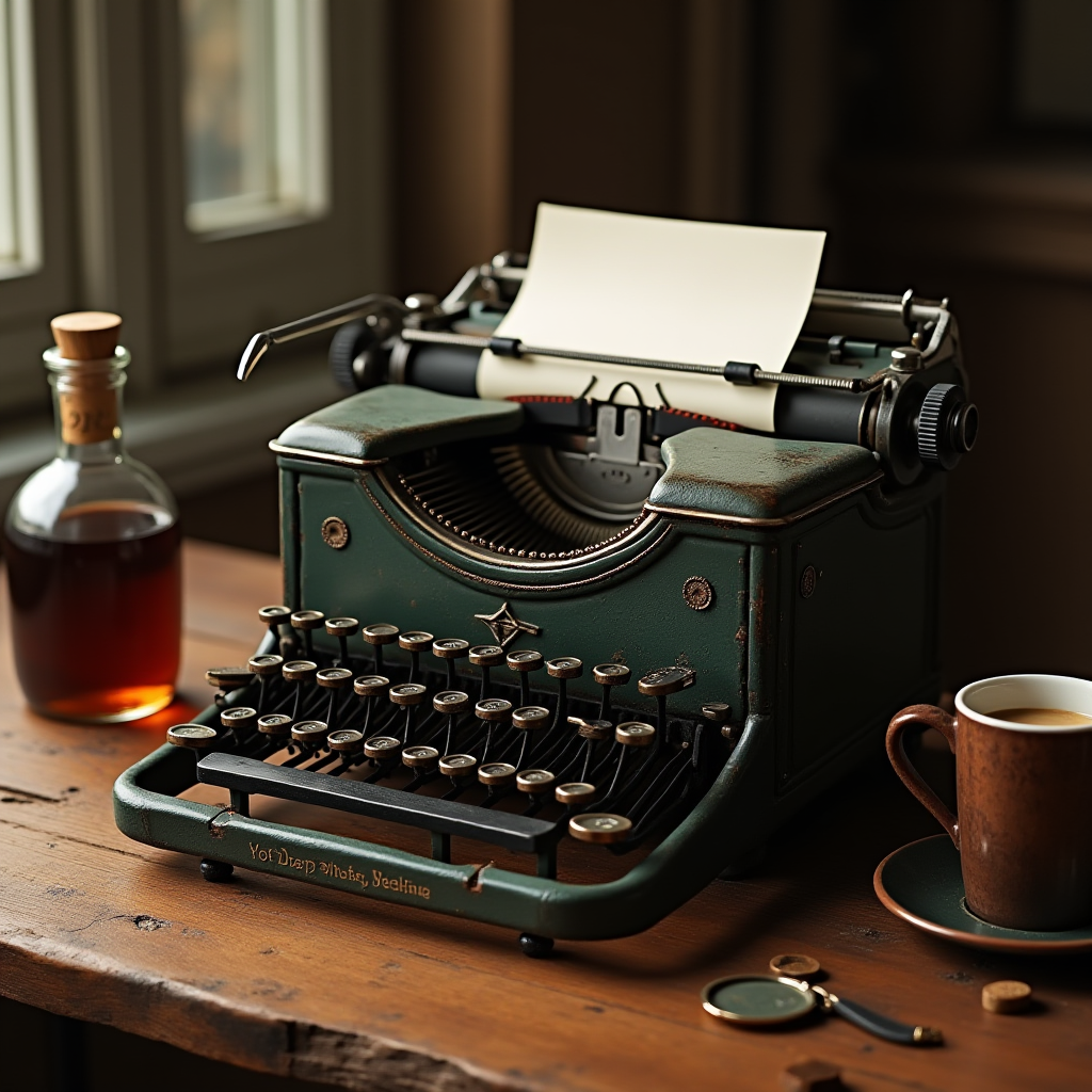 A green vintage typewriter sits on a wooden table beside a cup of coffee, a bottle of liquid, and a magnifying glass.