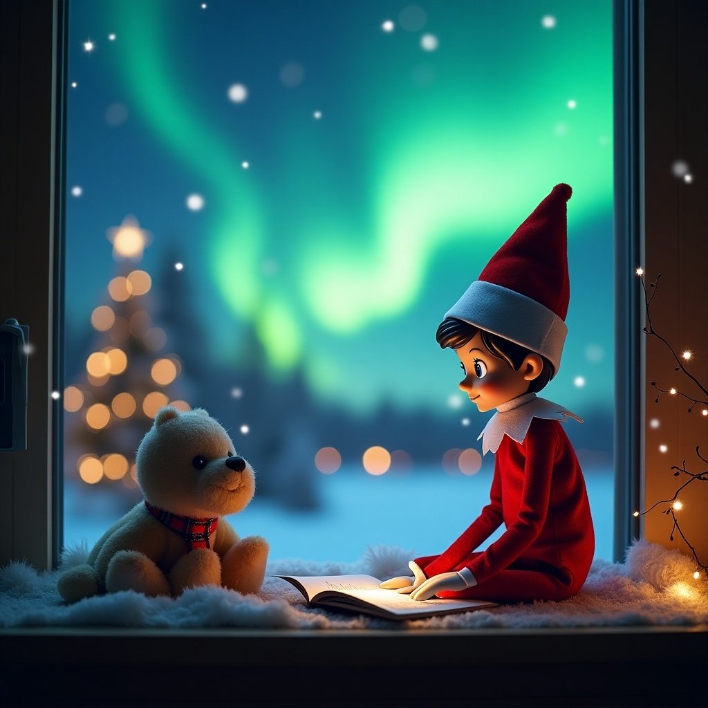 Elf character sitting by a window with a teddy bear. Snowy landscape outside with northern lights in the sky. Soft decorations in a cozy interior.