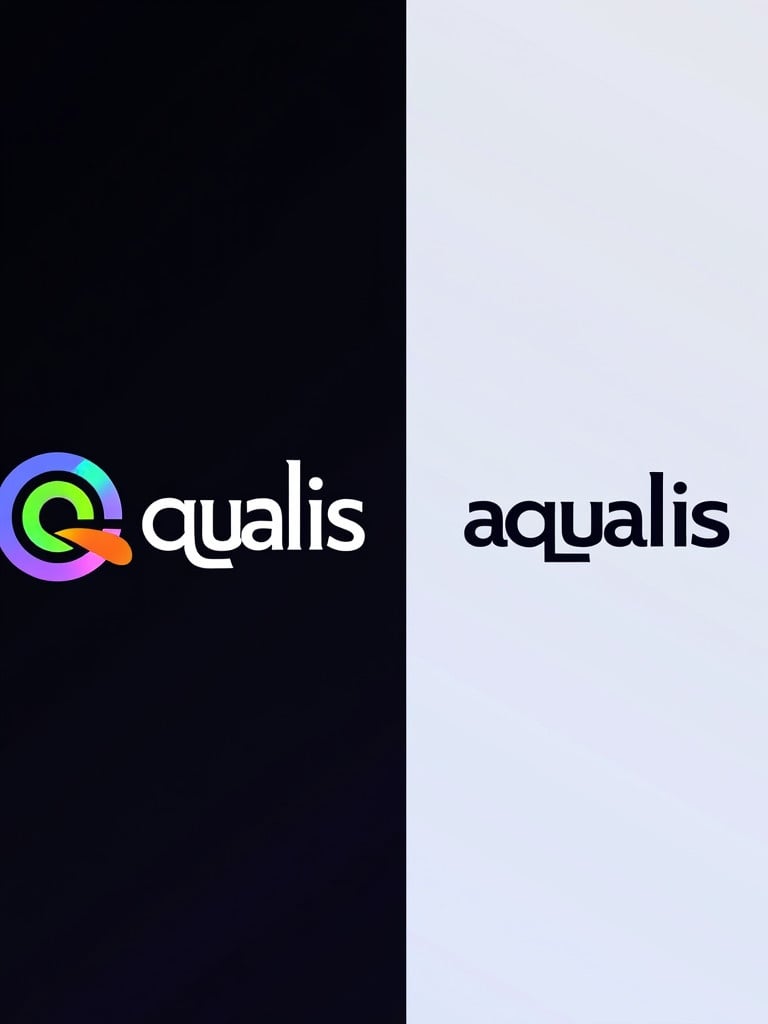 This image displays two logos side by side. Left logo is qualis and right logo is aqualis. Both logos feature vibrant colors and a circular swirl design. Left logo has a dark background. Right logo has a light background. Modern sleek font enhances aesthetic. Colors and shapes create a striking visual appearance.