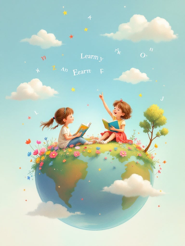 Image features two 4-year-old girls engaging in learning on a small spherical planet. One girl holds a picture book while the other gestures towards the sky. Words float around them. The planet is adorned with flowers, a single tree, and fluffy clouds. The environment is enchanting with soft pastel colors.