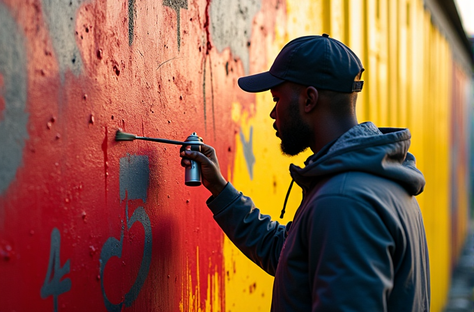 A person creates vibrant graffiti art on a colorful wall using spray paint.