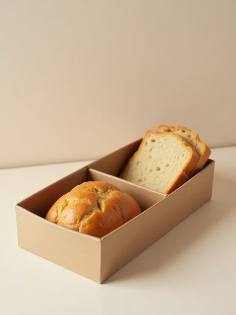 Box designed for food packaging. It has one compartment for liquid. It features two compartments for bread. Box is designed to be easily portable for consumers.