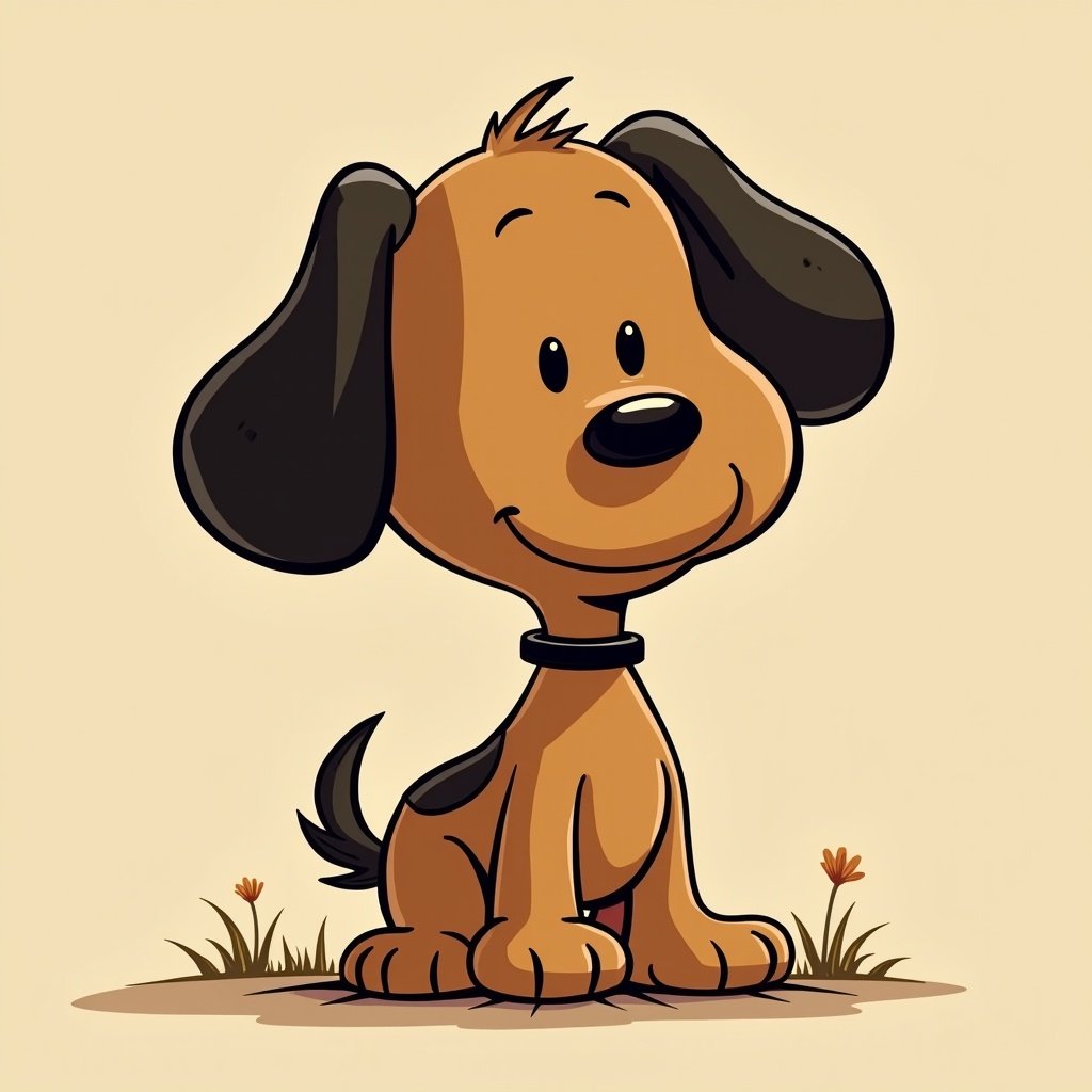 Brown and black small dog. Cartoon style similar to Peanuts characters. Playful expression and cute features. Sitting on grass with flowers around.