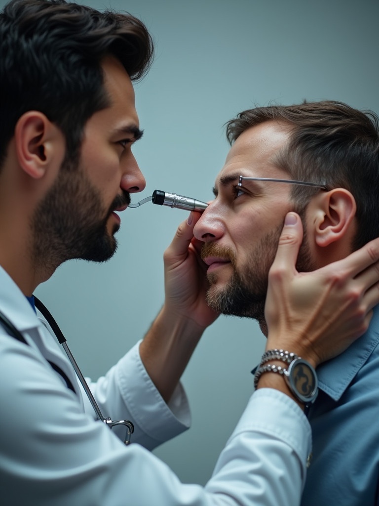 A physician examines a man's nostril with a medical device. The physician shows concentration and care during the examination. The man's face displays concern. Soft lighting enhances the clinical environment, adding a sense of seriousness to the procedure.