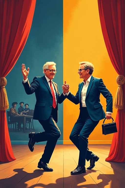 Illustration features two men awkwardly dancing on a stage. One is oversized shoes styled man with tangled feet, the other holding a purse with EU branding. A shadowy string quartet labeled as lobbying interests sets a menacing backdrop. On the left, a sad fisherman symbolizes Brexit struggles. On the right, a bright communal kitchen represents a utopian setting.