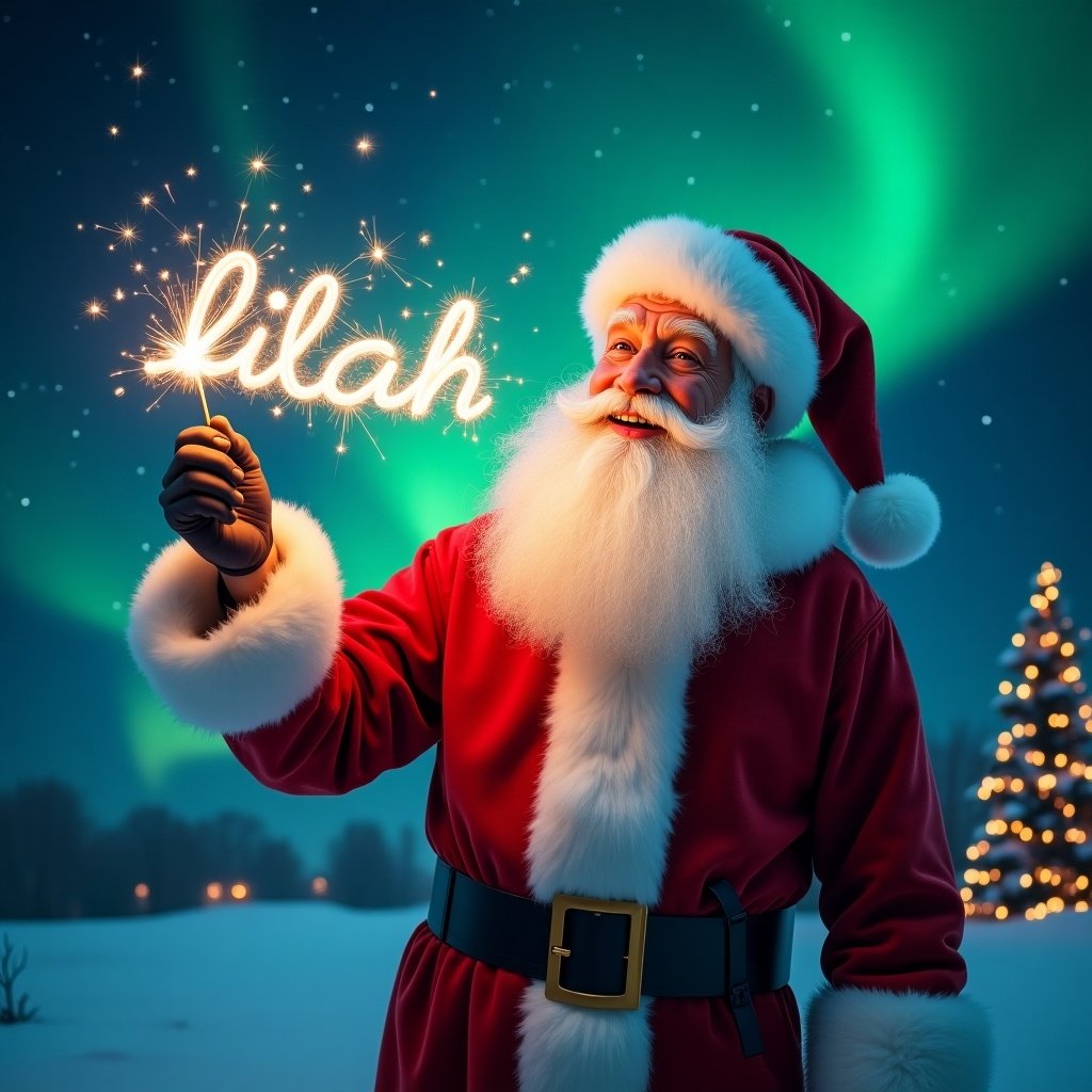 Realistic Santa Claus smiles while writing 'Lilah' with a sparkler in the night sky. Northern Lights glow in the background. Christmas tree decorates the scene.