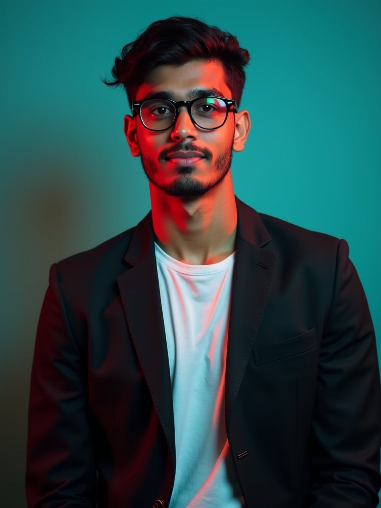 Young Indian man dressed in a black blazer over a white shirt. Positioned against an aqua backdrop with subtle red lighting. Posing for a professional profile image.