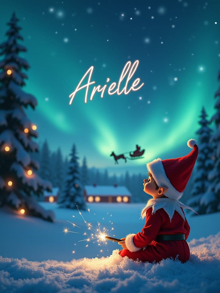 A Christmas night sky features Santa on a sleigh in the distance. A baby elf is seated, using a magic wand to write 'Arielle' in the sky. The scene includes northern night skies and snow coverage, creating an enchanting atmosphere. The elf gazes upward while writing names in the sky. The northern lights glow in the background as snow blankets the ground, showcasing a winter wonderland.