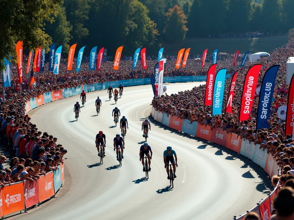 The image depicts cyclists maneuvering through a sharp curve during a championship race. The scene is vibrant, filled with spectators cheering along the sidelines. Colorful advertising banners line the curve, promoting various brands. The lighting is bright, suggesting a clear, sunny day perfect for a race. The road is smooth, allowing for high-speed racing. The cyclists show determination as they navigate the turn, creating a dynamic moment in the race.