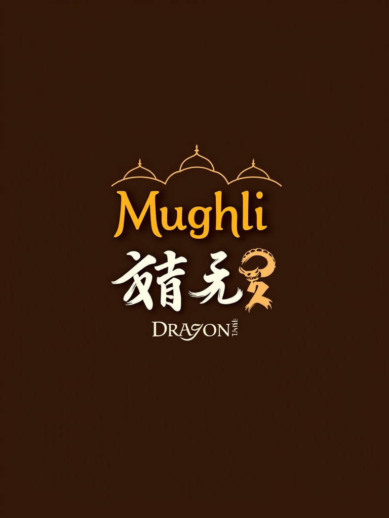 Stylized logo design features the word Mughlī in bold orange font. Architectural elements such as dome and minaret appear above the text. Below the main text, the word Dragon is displayed in contrasting white font. Artistic depiction of a dragon appears next to Dragon. Background is deep brown, enhancing visibility of orange and white elements.