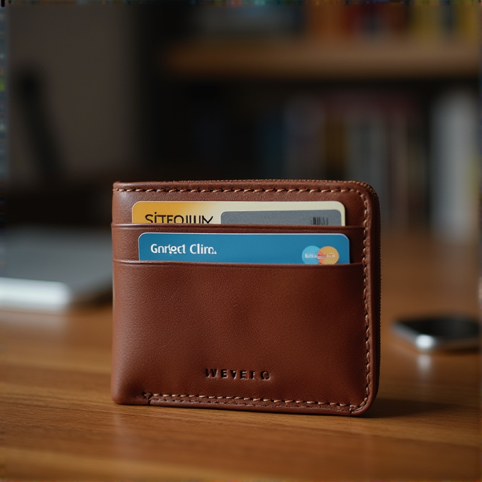 A brown leather wallet holds two credit cards on a wooden table, with a blurred background.