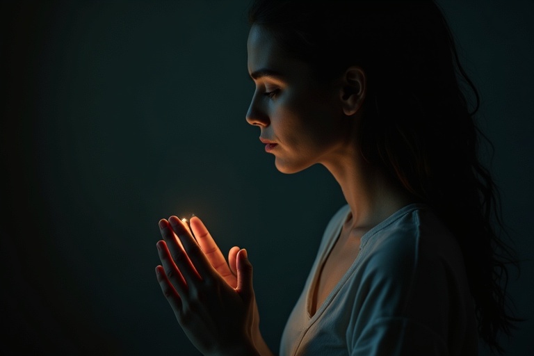 Woman in a dark atmosphere engaging in a prayerful pose. Hands are gently clasped together with a soft glow. The atmosphere is calm and reflective. The background is dark enhancing the feeling of serenity.