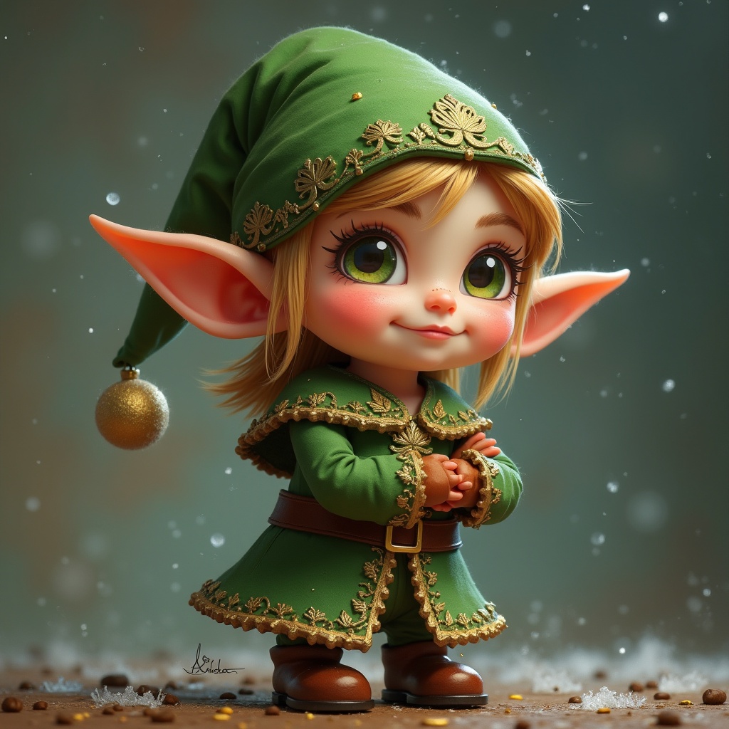 Elf character in a green costume with oversized ears. Standing with hands clasped and a cheerful expression.