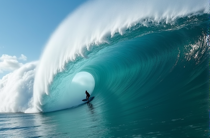 A surfer expertly navigates inside a massive, curling ocean wave under a bright blue sky.