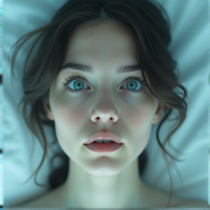 A woman with striking blue eyes lies on a bed, looking contemplative.