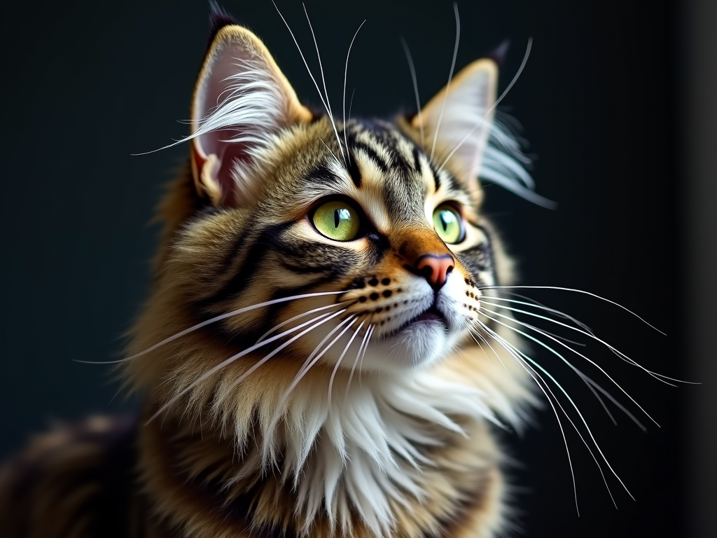 A fluffy tabby cat with bright green eyes is looking intently upwards.