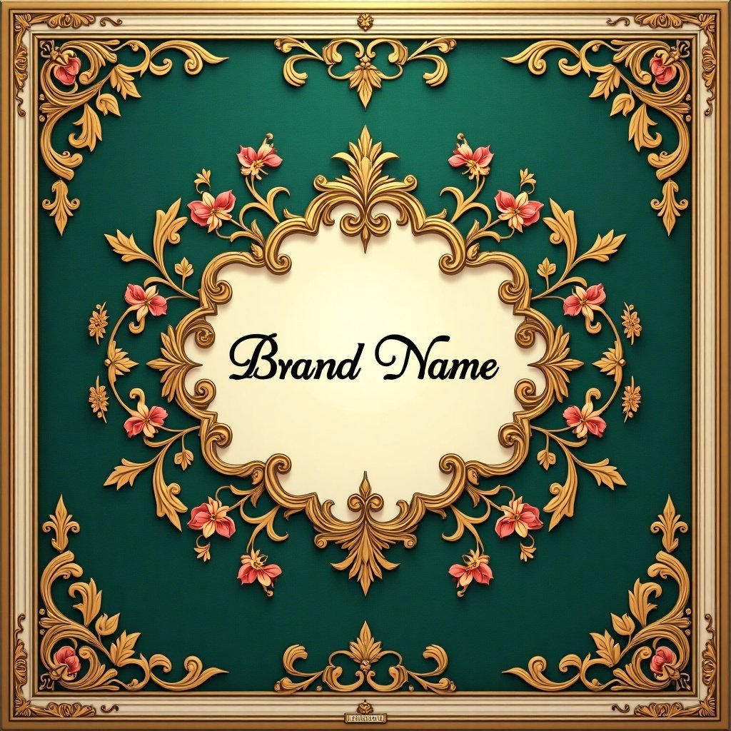 Vintage-style ornate label designed for luxurious perfume bottle. Background features intricate floral patterns, adorned with gold accents. Center has space for brand name in elegant calligraphy. Color palette includes deep emeralds, rich golds, soft ivory. Design evokes timeless elegance and refinement.