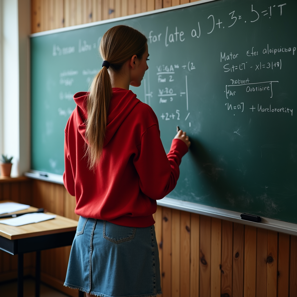 A person in a red hoodie writes equations on a classroom chalkboard.