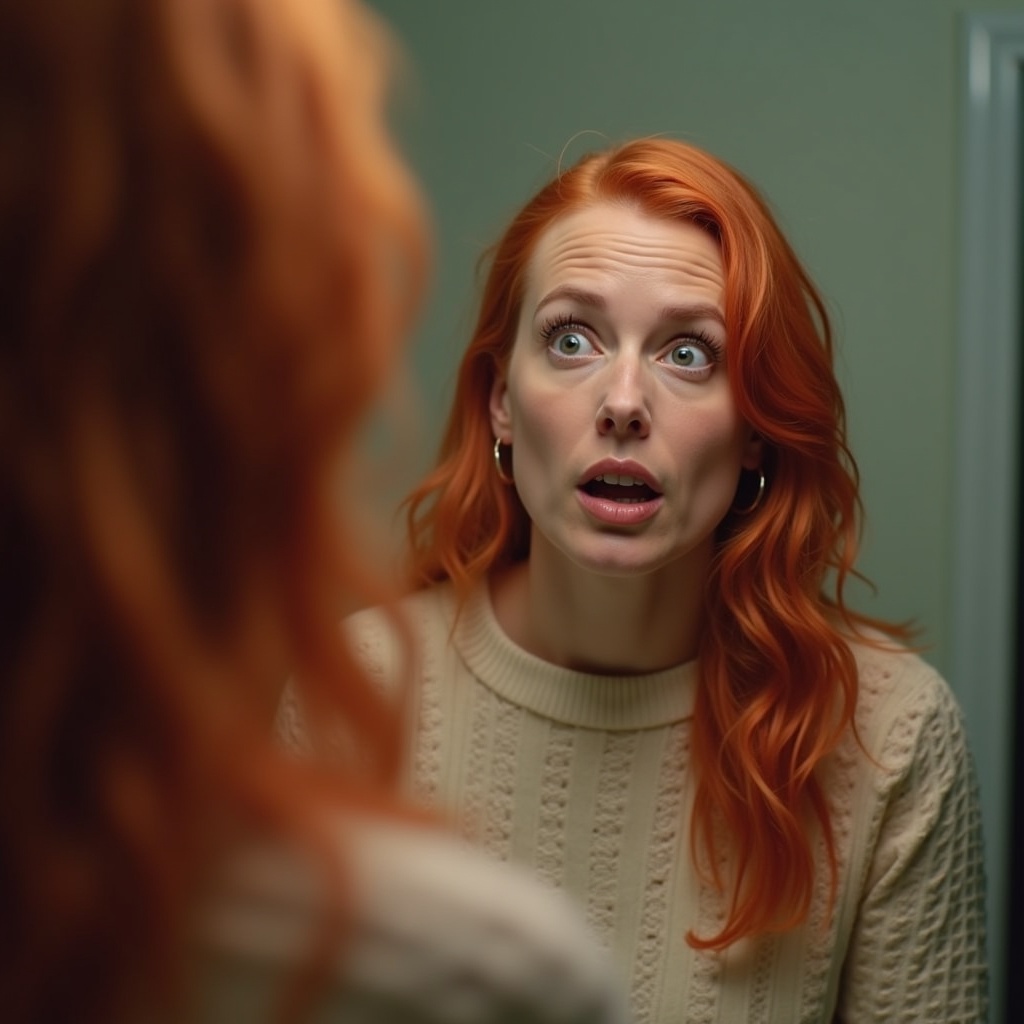 A woman with red hair stands in front of a mirror. She has a shocked expression as she looks at her reflection. The background is green, creating a contrast with her hair and clothes.