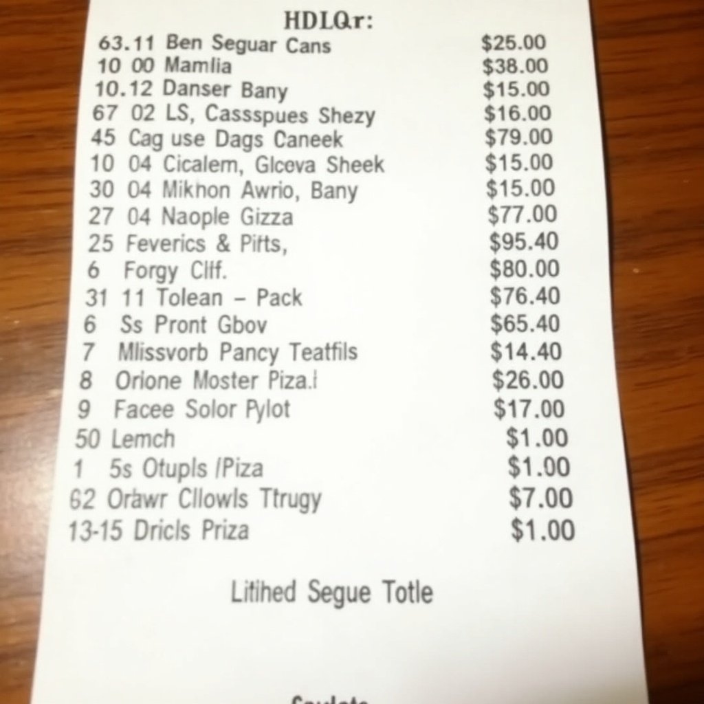 Receipt from Little Caesars with order details and prices. Shows various menu items ordered and their costs. Includes a total at the bottom.