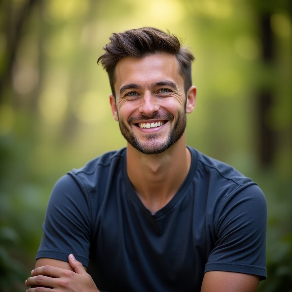 Portrait of a young man in a casual blue shirt. Surrounded by greenery. Soft focus on the environment.