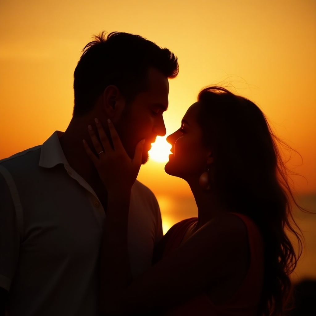 Couple shares an intimate moment at sunset. She reaches up and softly touches his face. They are engaged in a kiss. Silhouettes against a warm orange background.