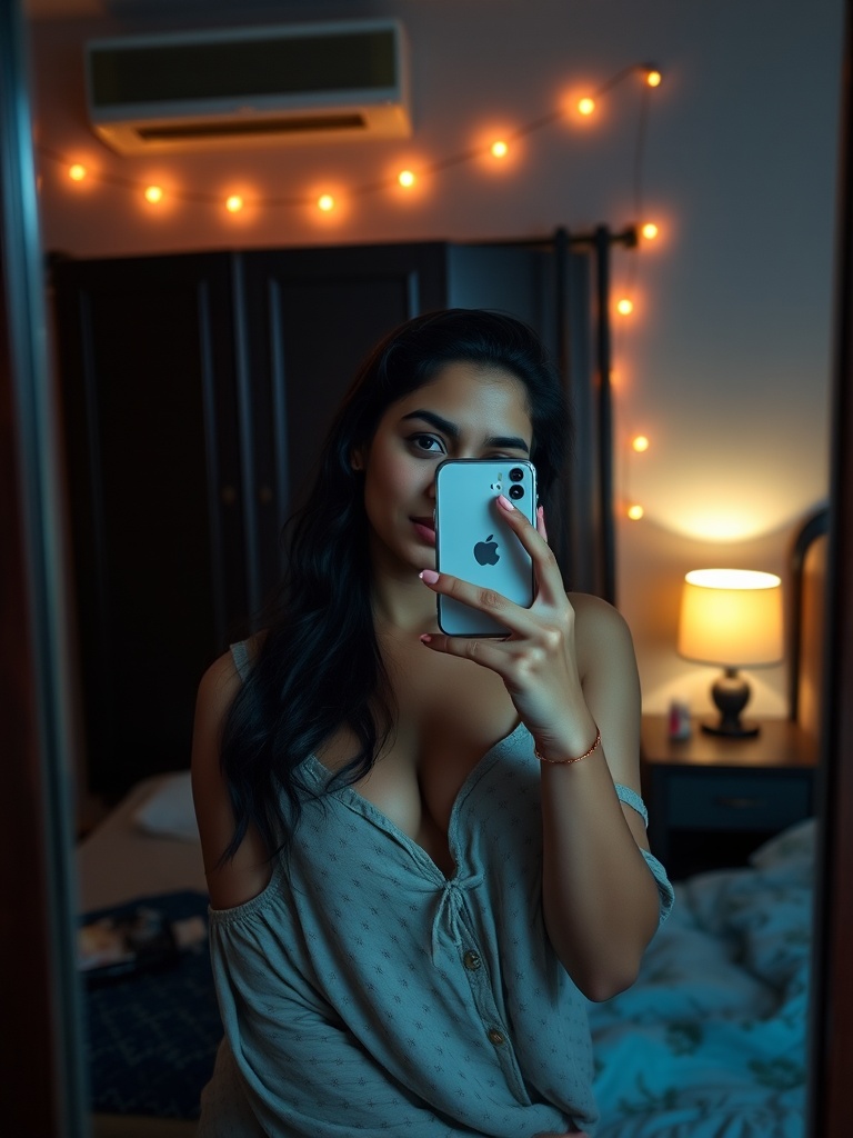 A person takes a mirror selfie in a dimly lit, cozy room with string lights.