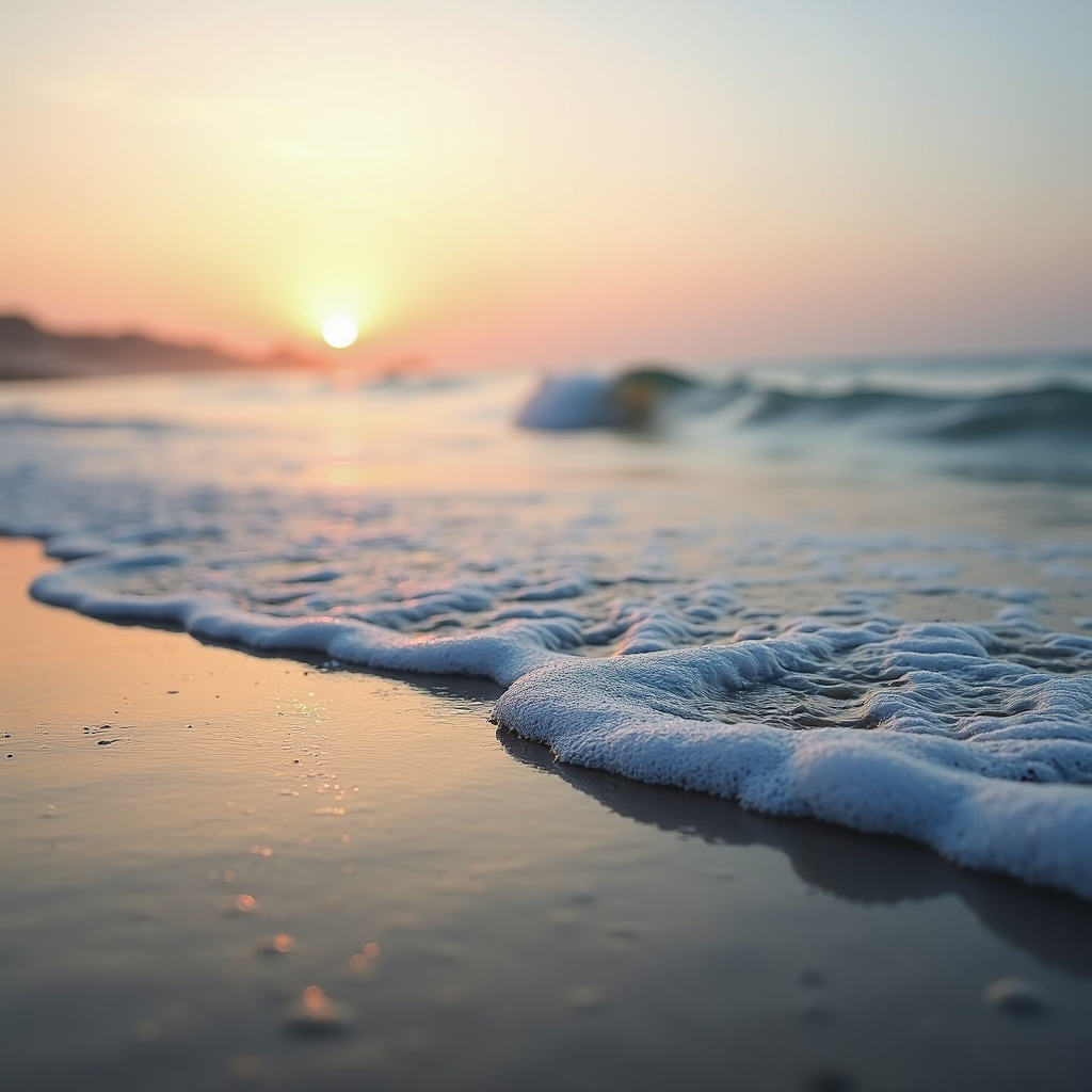 A tranquil beach scene captures the sunset, with soft waves gently lapping the sandy shore, illuminated by warm hues of orange and pink.