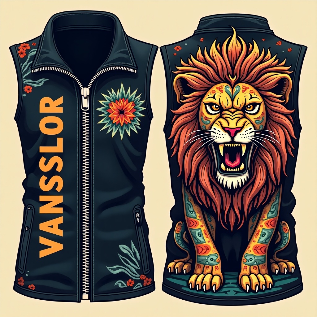 Design for a zipper vest with name VANSLOR on the front left and a lion on the back. Bright colors with intricate designs