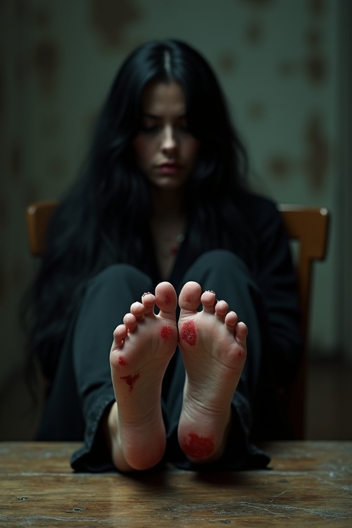 A mature goth woman has long black hair. Wounded soles of her bare feet shown. She's sitting on a chair with her feet on the table. The atmosphere feels frightened.