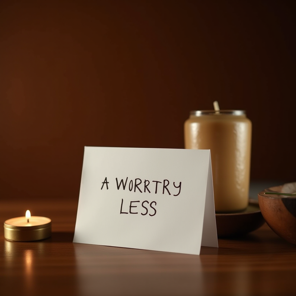 A card with the message "A WORRTRY LESS" is placed amidst calming candles.