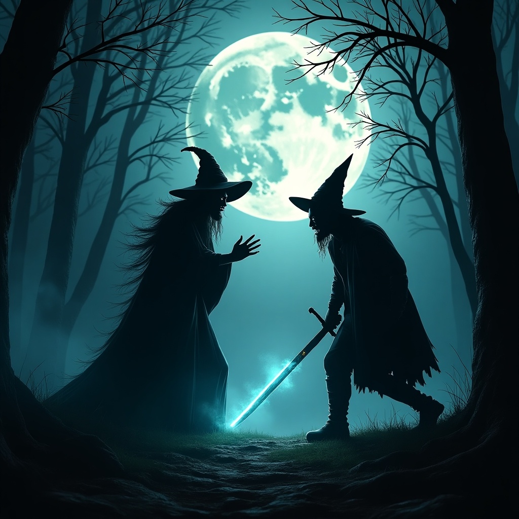 This image captures a chilling horror scene set in a dark forest under a full moon. In the foreground, a witch cloaked in darkness reaches out toward her opponent, a determined witch hunter wielding a sword. The atmosphere is thick with tension, highlighting the classic battle between the mystical and the mortal. Ghostly blue light emanates from the ground, contrasting against the silhouettes of the figures. The only sounds are the whispers of the trees and the distant echo of confrontation. It evokes a feeling of suspense as the viewer wonders who will prevail in this eerie face-off.