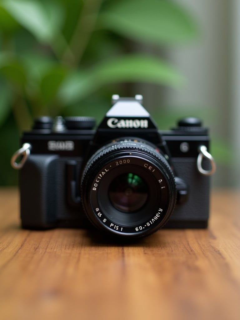 Vintage Canon camera on a wooden table distinct lens blurred greenery