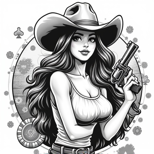 Western cowgirl gambler upper-body portrait in American comic style. Character has thick black outlines with a white background. Includes bold linework and dynamic pose. Features poker chips and playing cards. Character has a sly smirk and wears a wide-brimmed hat while holding a vintage revolver, evoking a saloon vibe.