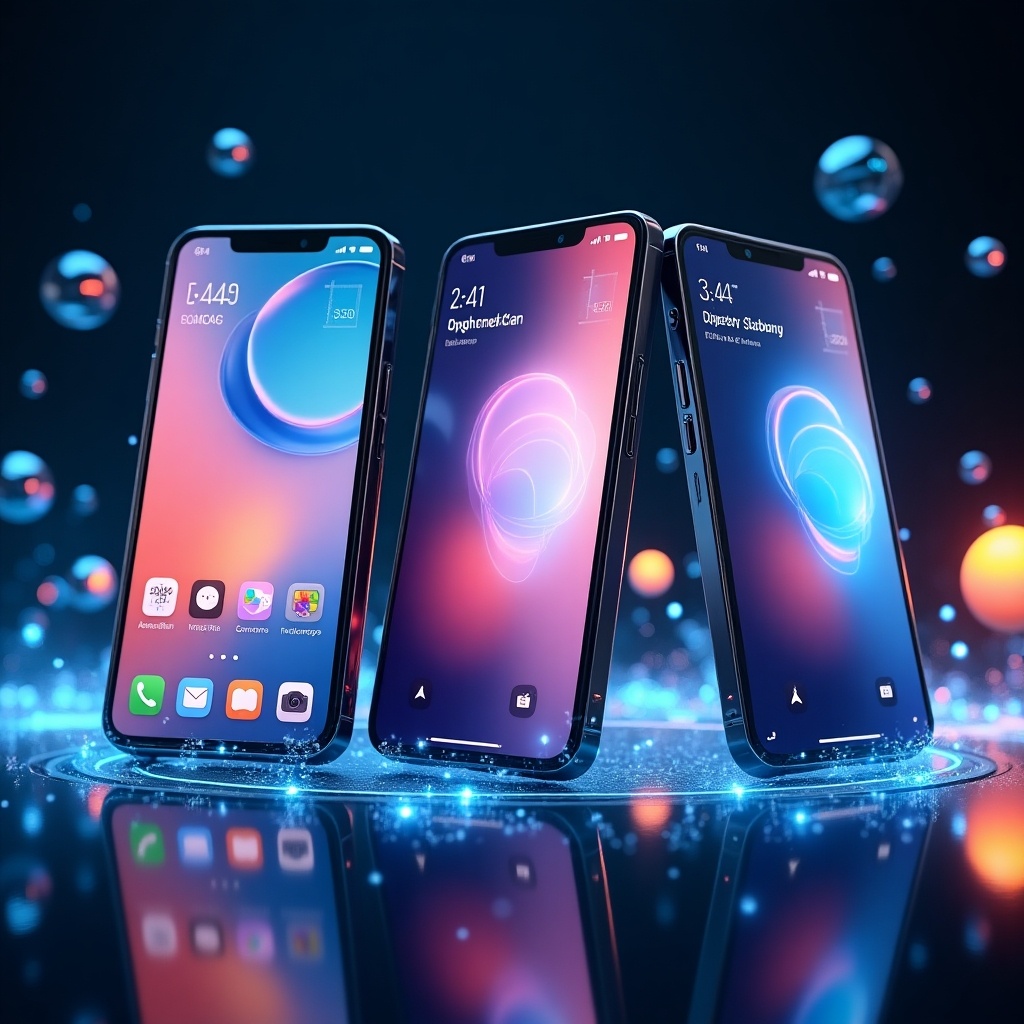 Collection of modern smartphones with foldable screens in a tech environment. AI cameras are highlighted. Vibrant apps on display, surrounded by glowing lights and holographic elements.