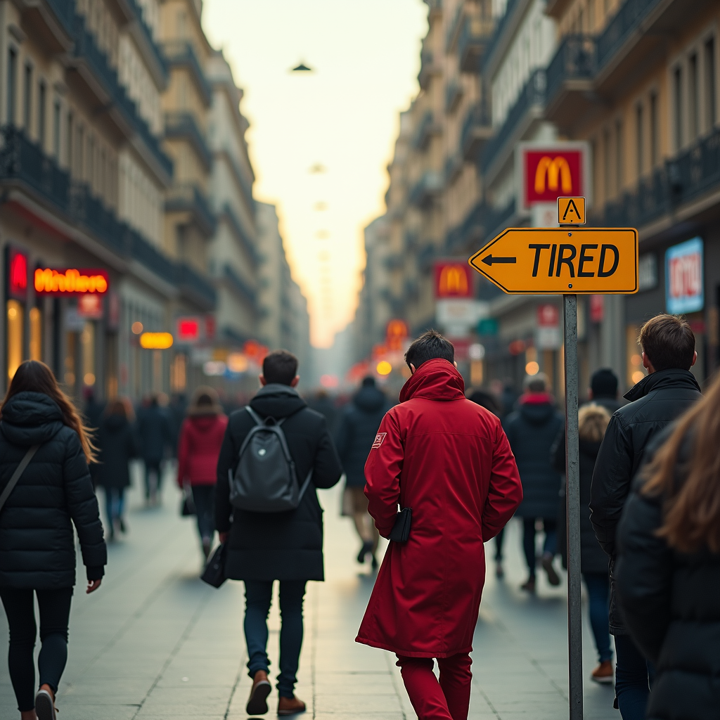 A bustling city street with a humorous road sign reading 'TIRED'.