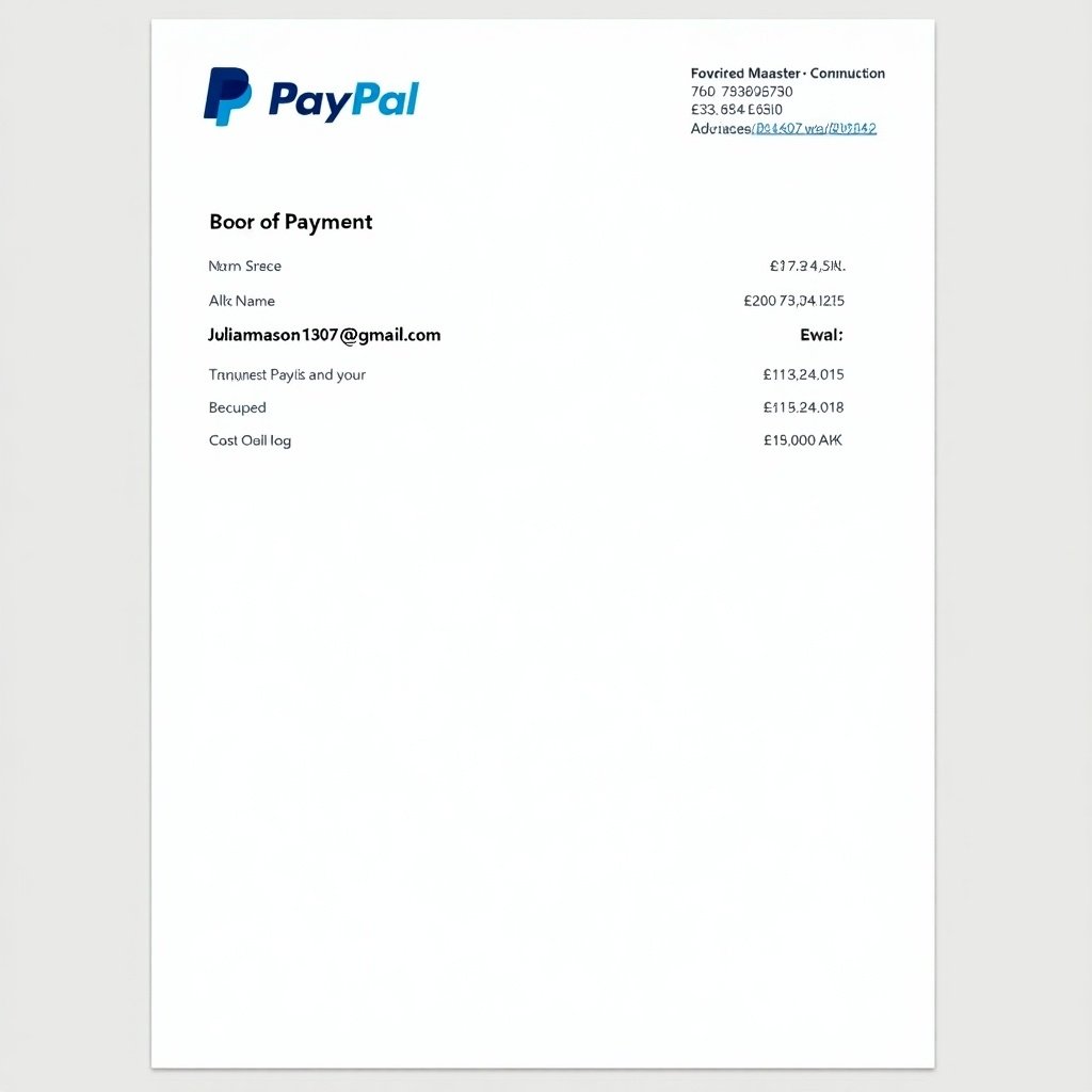 This image shows a payment receipt from PayPal. It includes details like the payer's name and email, transaction amount, and transaction number. The PayPal logo is at the top. The document is clean and professional, suitable for online payment verification.