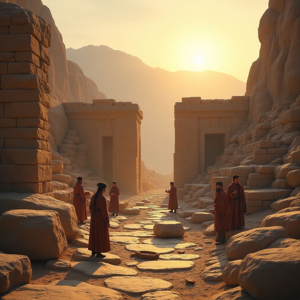 The image depicts an ancient monument under construction where traditional builders are using mathematics for precision. Dressed in traditional attire, they work together in this serene setting, with the warm light of the sunset casting a beautiful glow over the rocks and sculpted stone blocks. In the background, majestic mountains enhance the grandiosity of the scene. This moment captures the essence of artistry, scientific approach, and historical significance. Their collaboration embodies the ingenuity of ancient builders, surrounded by a stunning and contextually rich landscape.