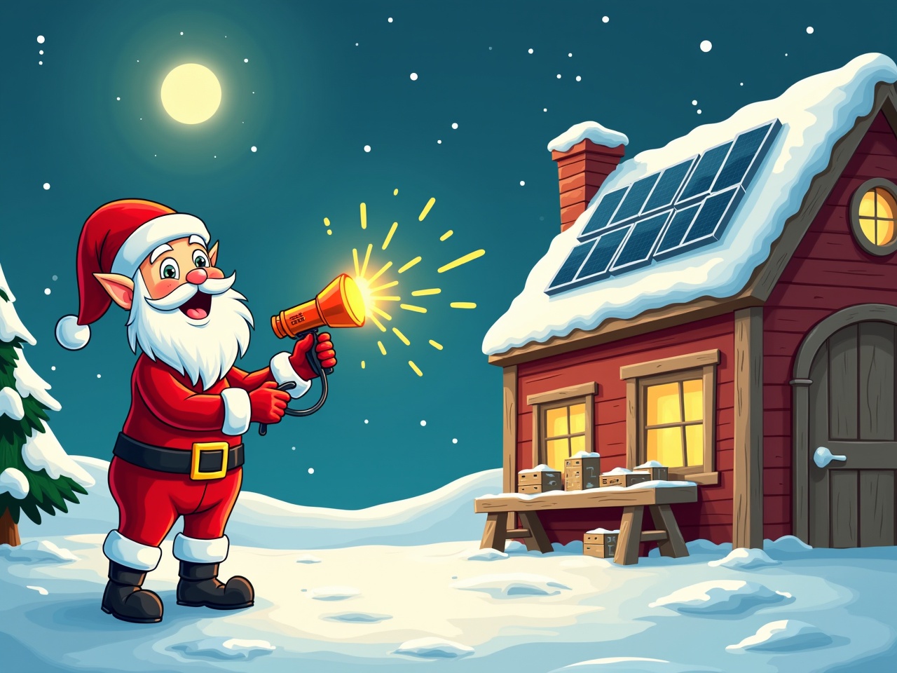 Elf in Santa costume holds toy gun at Santa's Workshop with solar panels. Snowy background and night sky. Cartoon style.